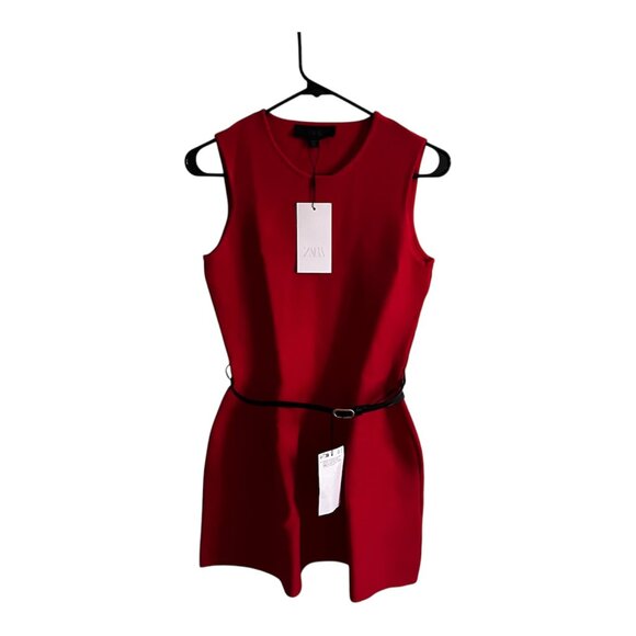 Zara Red Belted Knit Mini Dress – Sleeveless Crew Neck, Size Small NWT Holiday - Picture 5 of 11